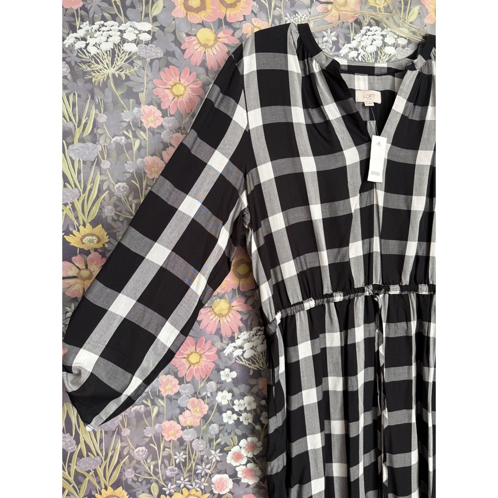 LOFT Outlet Black White Buffalo Check Plaid Midi Dress Elastic Waist Tie Size XL - Picture 2 of 7